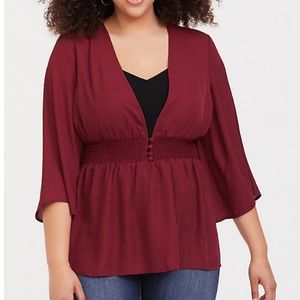 Button Front Smocked Babydoll Blouse